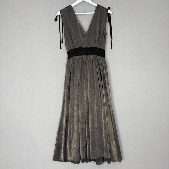 Pinch Dress Womens Small Gold Metallic Midi Party Deep V-Neck Cocktail Evening - Picture 7 of 16